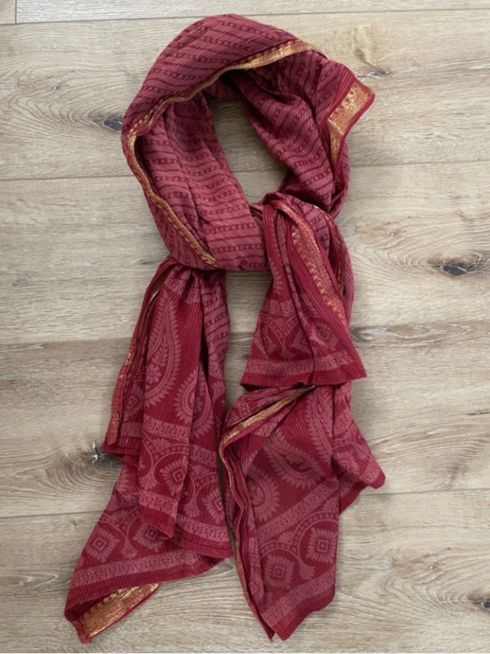 Vintage pink paisley print gold stripe cotton large shawl wrap scarf